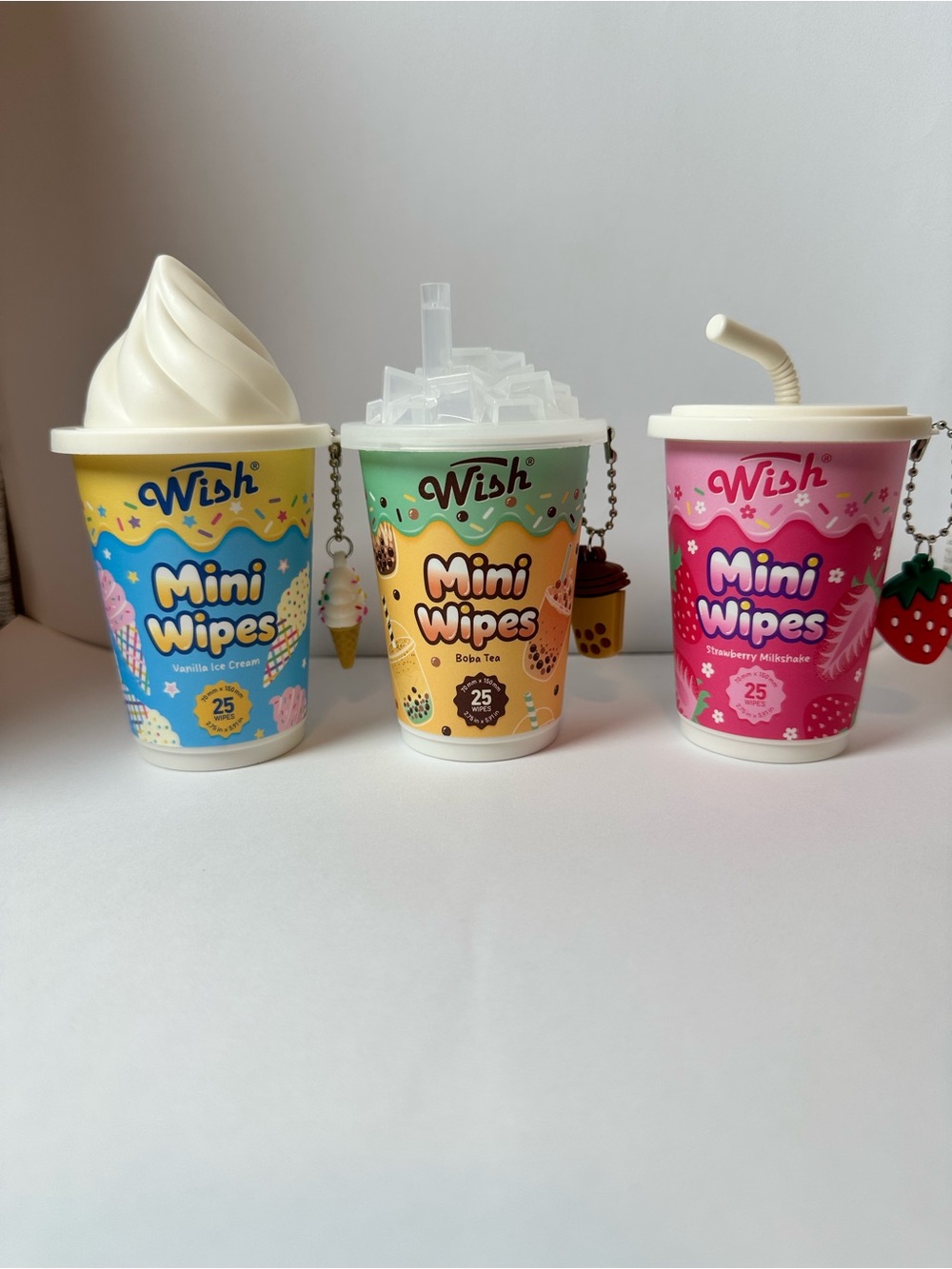 Wish Mini Wipes 3-Pc Set Boba Tea Strawberry Milkshake Vanilla Ice Cream 25ct